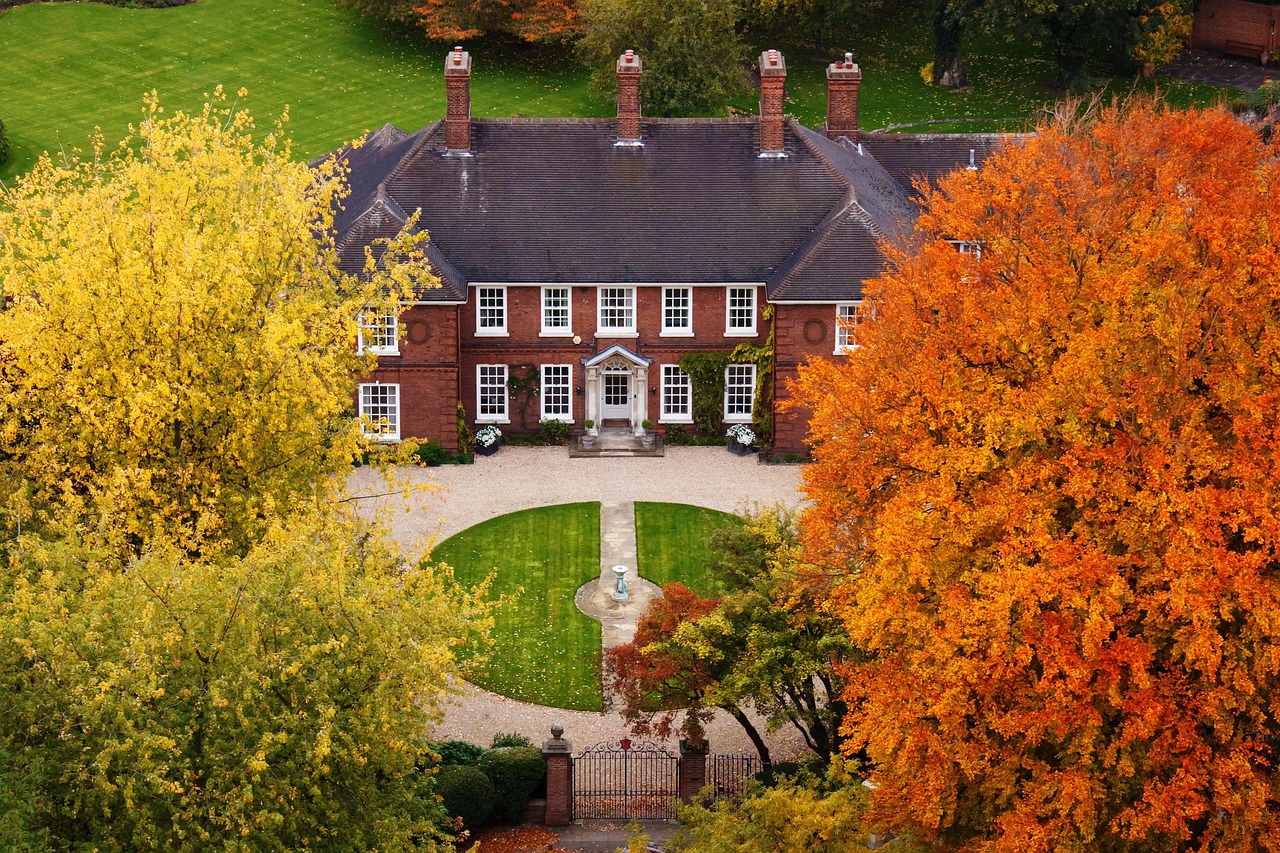 architecture, autumn, beautiful, building, colorful, country, real, estate, fall, nature, green, home, house, mansion, property, red, residential, rich, tree, aerial