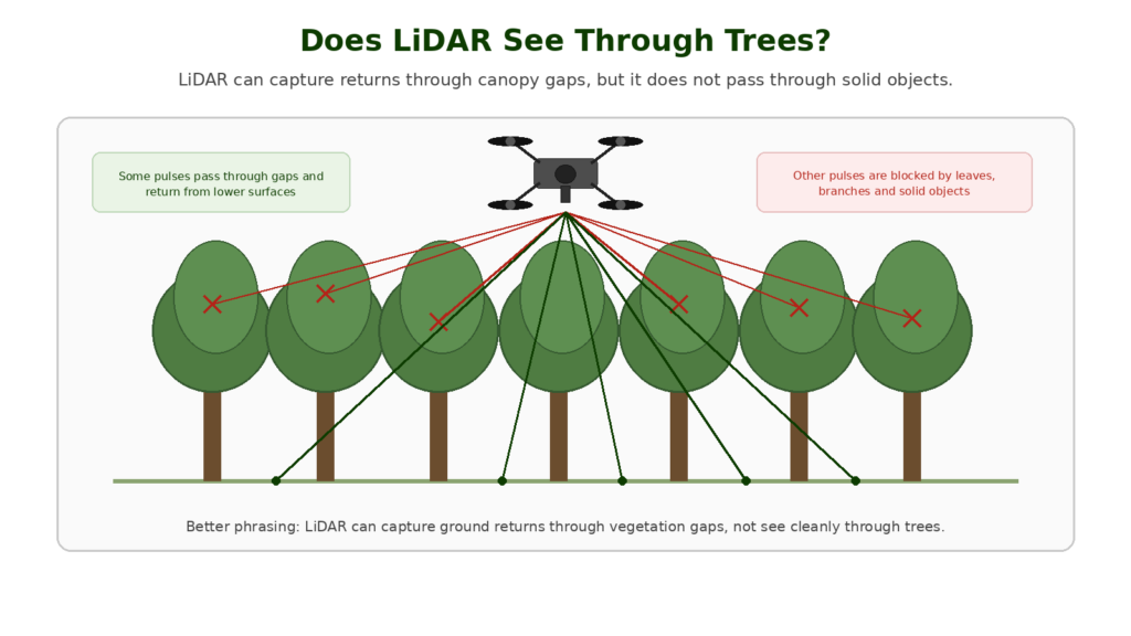 Diagram explaining how LiDAR can capture ground returns through gaps in vegetation