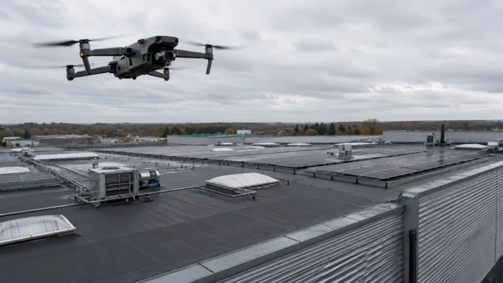 Drone inspecting a commercial flat roof with solar panels and rooftop equipment