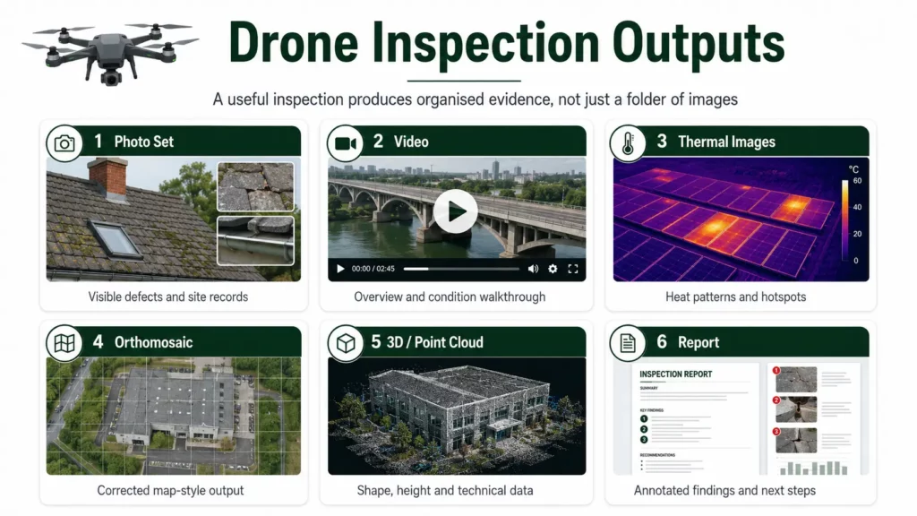 Diagram showing drone inspection outputs including photos, video, thermal images, orthomosaics, point clouds and reports