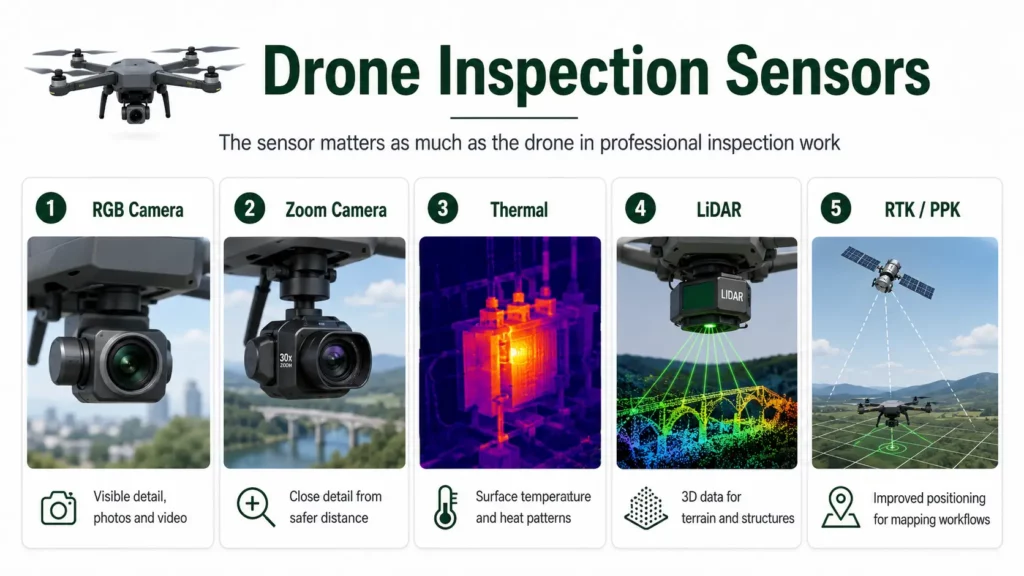Diagram showing RGB, zoom, thermal, LiDAR and RTK sensors used for drone inspections