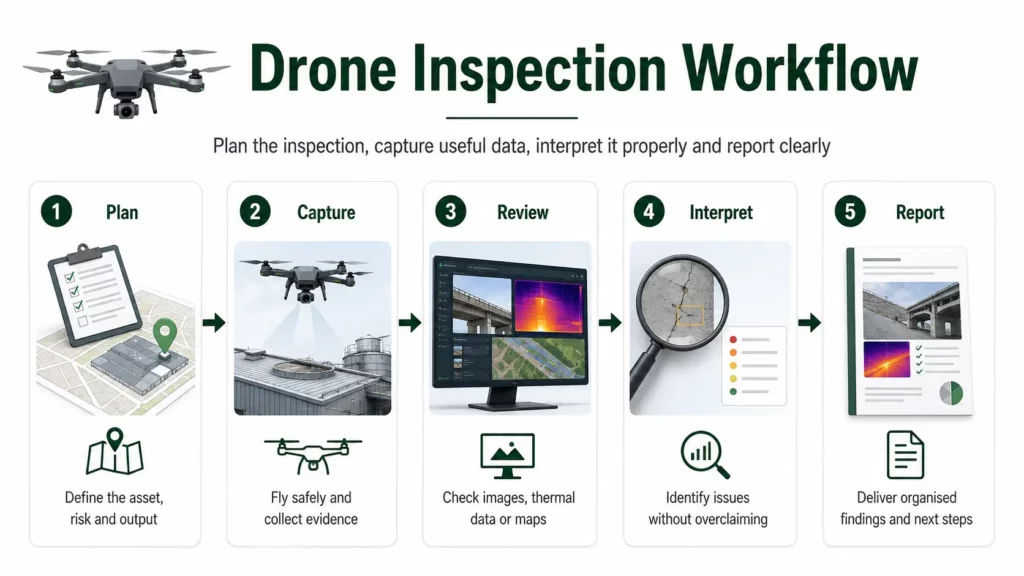 Drone inspection workflow showing planning, capture, review, interpretation and reporting
