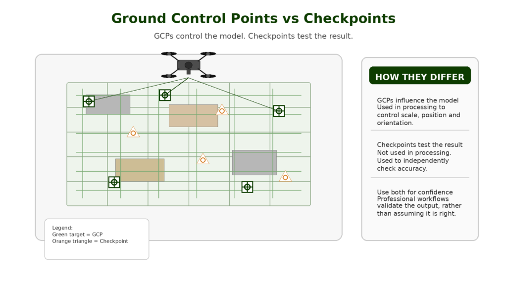 Diagram showing ground control points and checkpoints in drone mapping