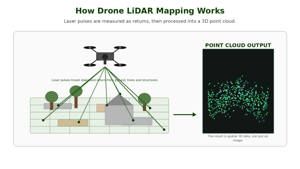 Diagram showing how drone LiDAR sends laser pulses and receives returns to create a point cloud