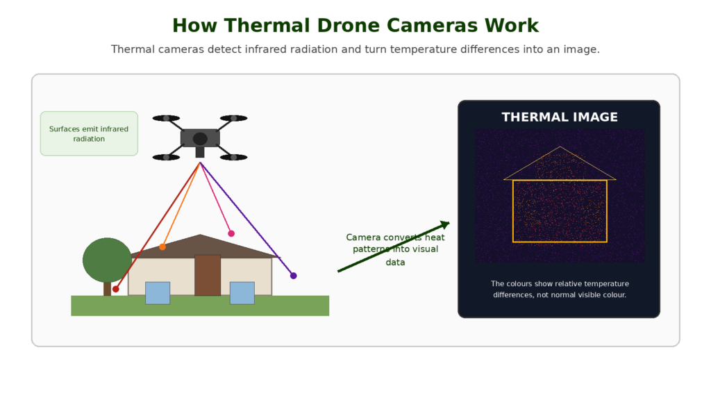 Diagram showing how a thermal drone camera detects infrared radiation and converts it into a thermal image