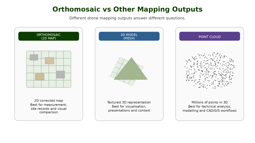 Comparison of orthomosaic, 3D model and point cloud drone mapping outputs