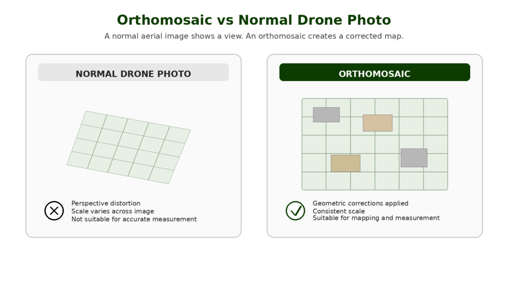 Comparison of normal drone photo and orthomosaic showing distortion versus corrected map output