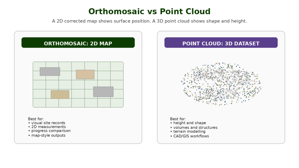 Comparison of orthomosaic and point cloud showing 2D map versus 3D drone mapping data