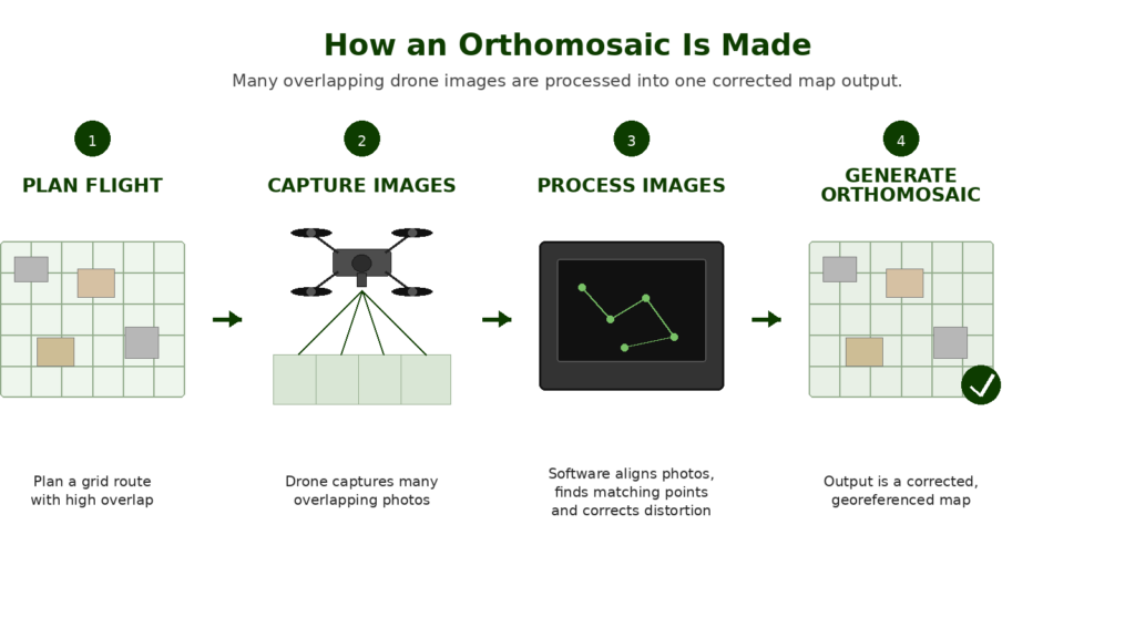 Step by step workflow showing how an orthomosaic is created from overlapping drone images