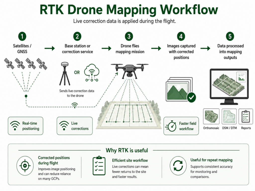 RTK drone mapping workflow showing live correction data during flight