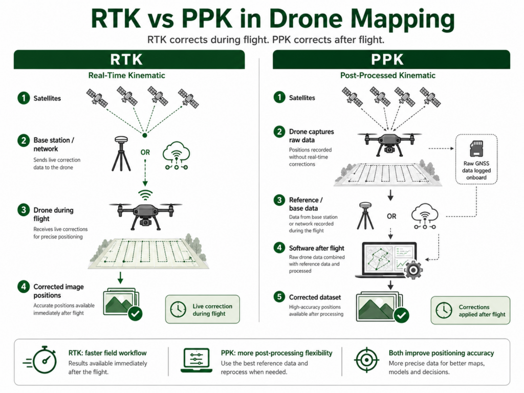 Diagram comparing RTK and PPK drone mapping workflows
