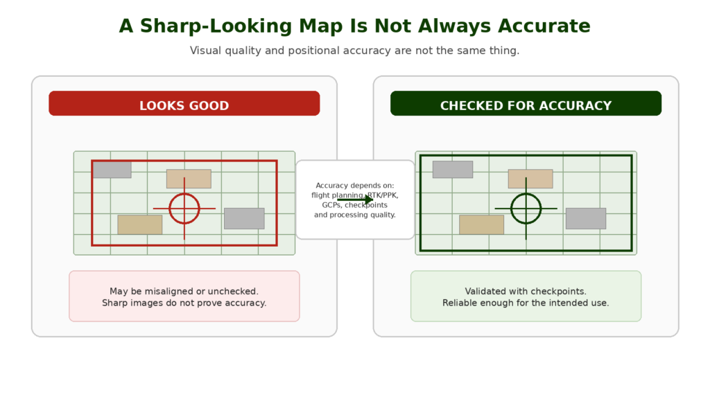 Comparison of sharp looking inaccurate map versus accurate validated orthomosaic