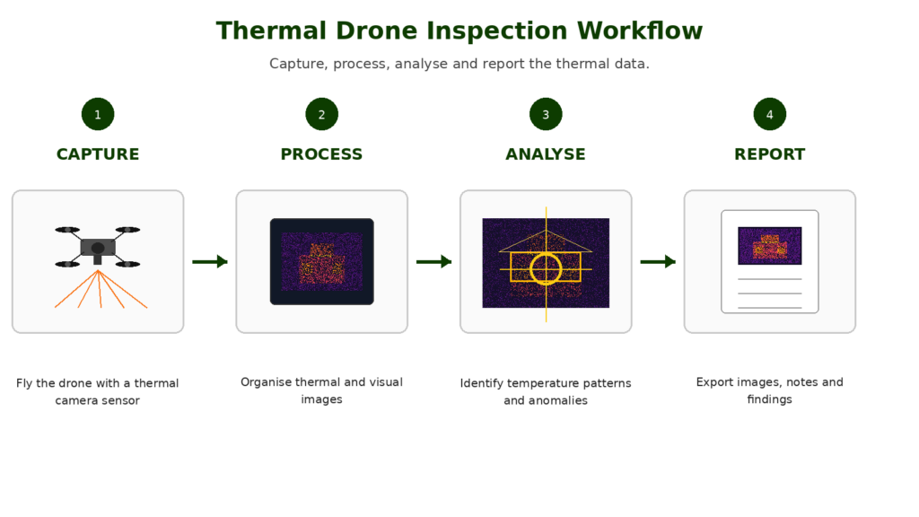 Thermal drone inspection workflow showing capture, processing, analysis and reporting