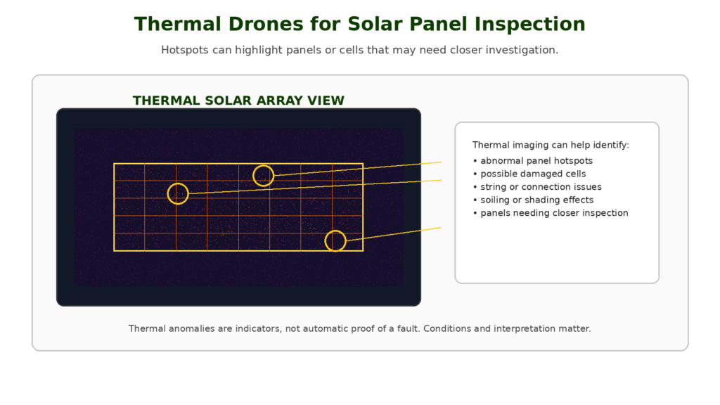 Thermal drone image showing solar panel hotspots during inspection