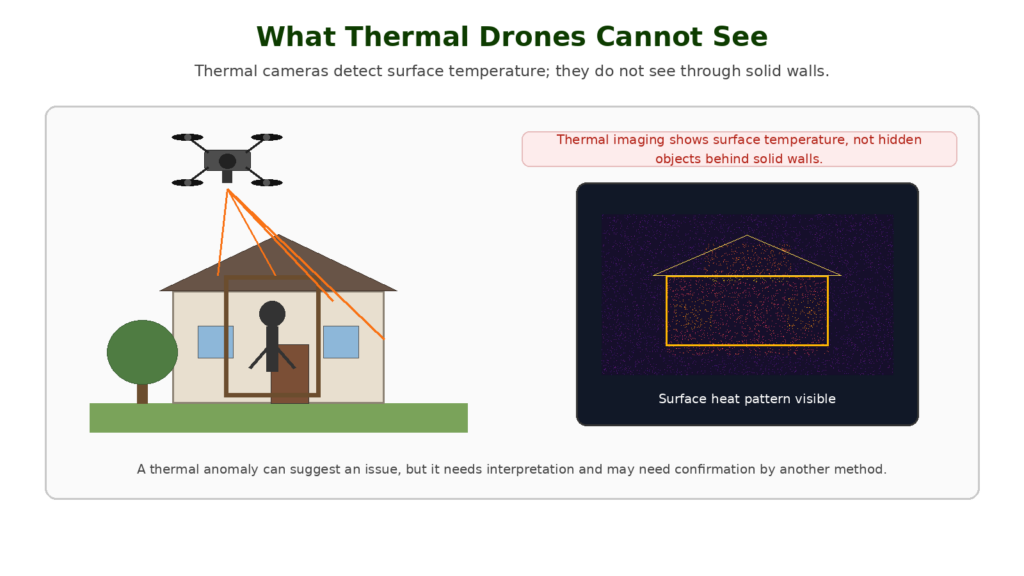 Diagram explaining that thermal drones detect surface temperature and cannot see through solid walls