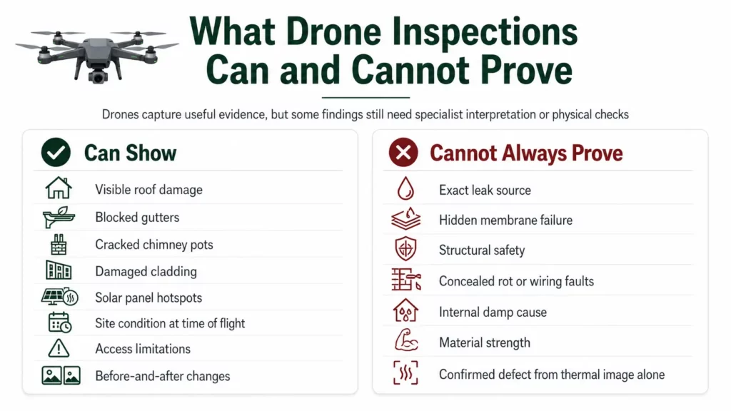 Diagram explaining what drone inspections can show and cannot always prove