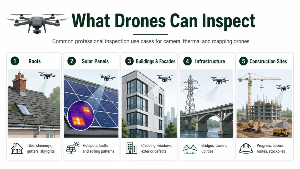 Diagram showing roofs, solar panels, buildings, infrastructure and construction sites inspected by drones
