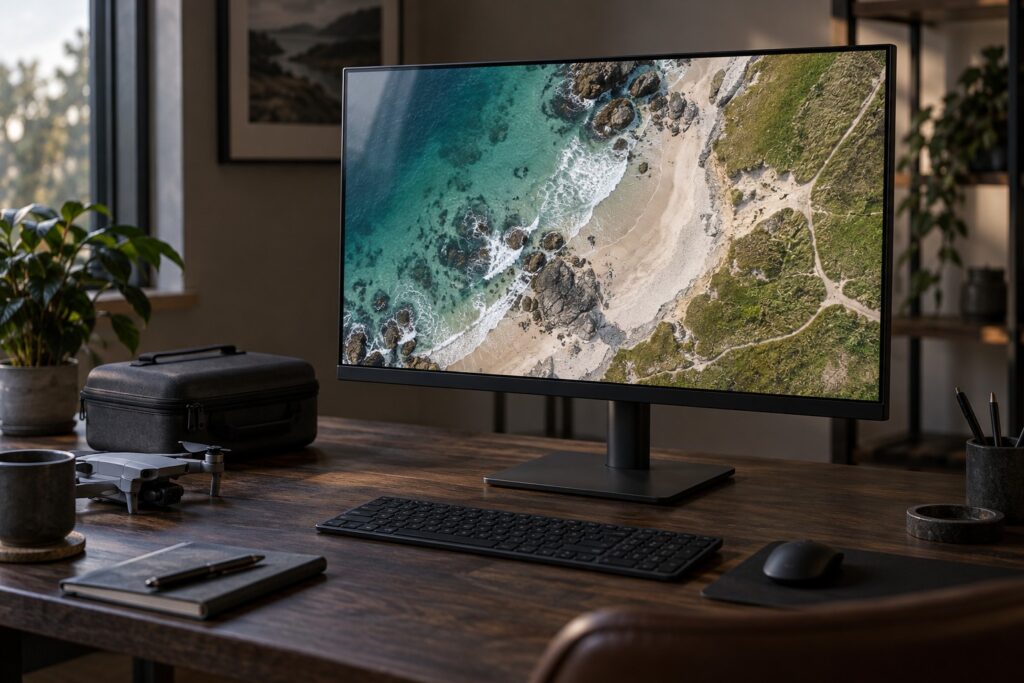 Desktop monitor displaying a coastal aerial photograph beside a drone carrying case