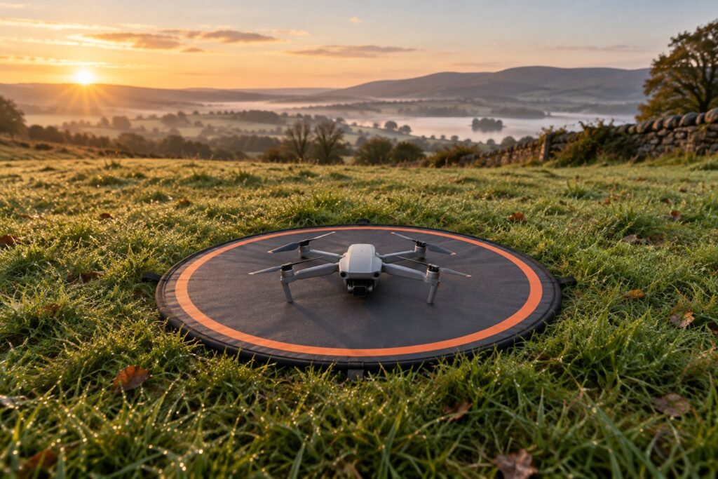 Compact camera drone centred on a circular landing pad in damp grass