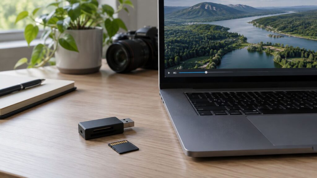 Generic USB microSD reader and memory card beside a laptop showing drone footage