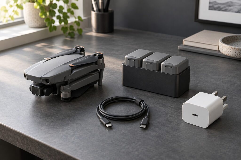 Compact drone, three-battery hub, USB-C cable and unplugged UK charger on a workbench