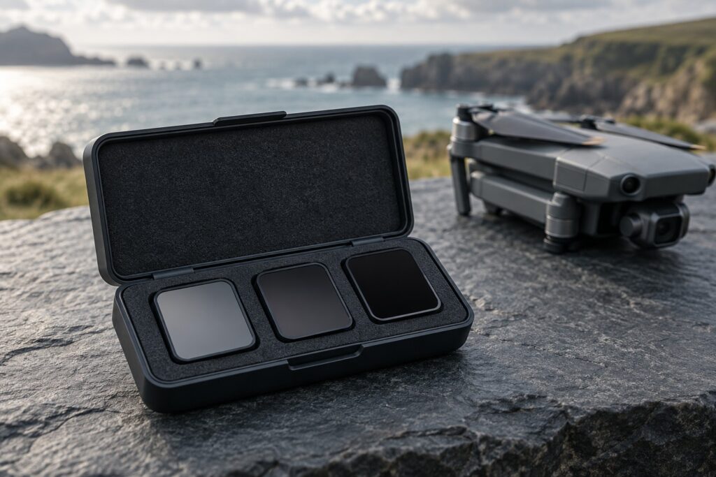 Neutral density filters in a protective case beside a compact drone on a coastal stone ledge