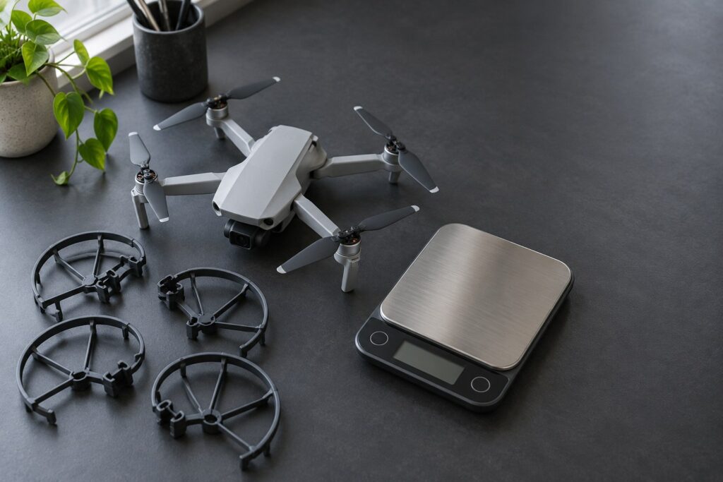 Compact camera drone beside detached propeller guards and a digital scale
