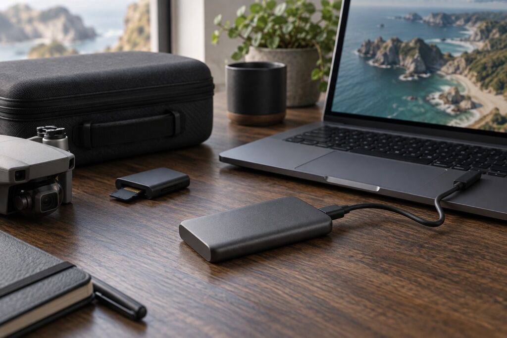 Portable SSD connected to a laptop beside a memory card reader and drone carrying case