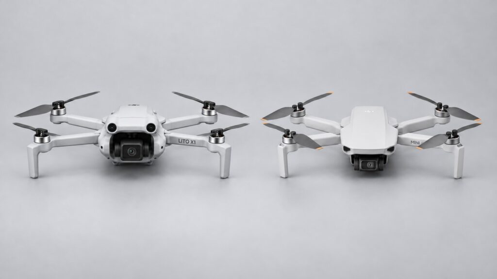 DJI Lito X1 and DJI Mini 4K side by side in a studio comparison illustration