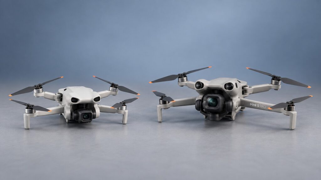 DJI Lito X1 and DJI Mini 5 Pro with their different camera housings in a comparison illustration