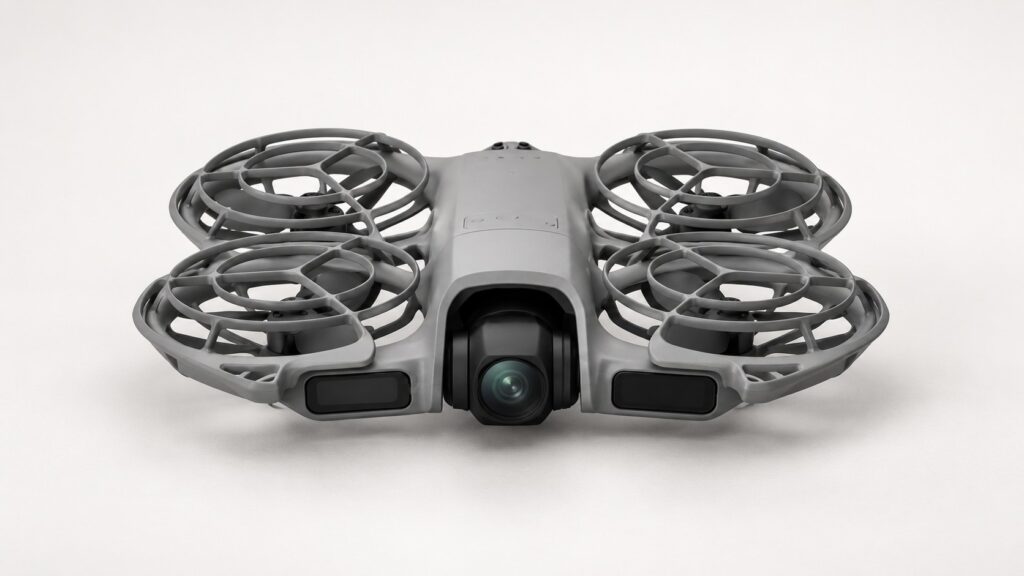 DJI Neo 2 with four full-coverage propeller guards and front camera, reference-based illustration