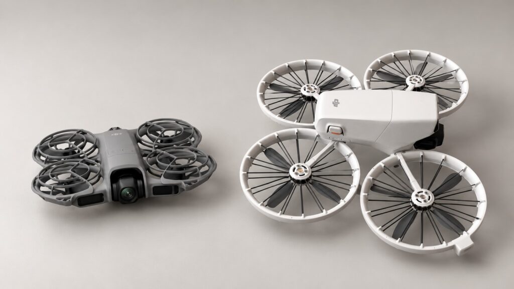 DJI Neo 2 on the left and unfolded DJI Flip on the right, reference-based comparison illustration